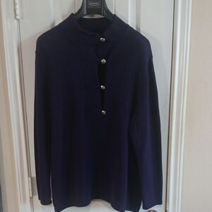 Lauren Ralph Lauren Navy 4 Miltary Button to Loops Short Cowl Neck Sweater Vtg